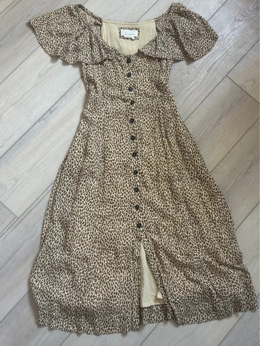 Anthropologie Beige and Brown Leopard-Print Button Midi Dress